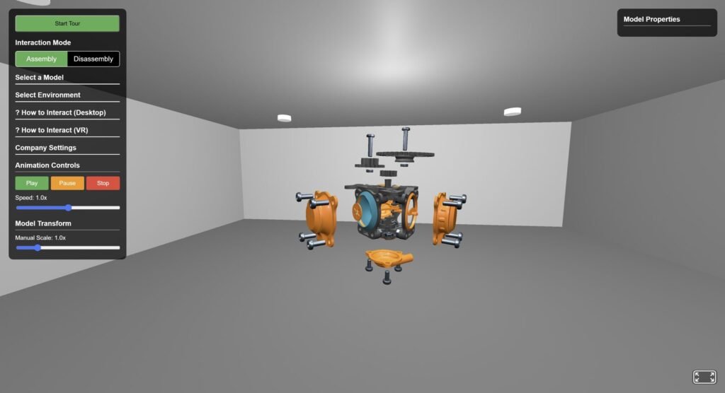 Browser-based 3D model viewer showing an exploded mechanical assembly