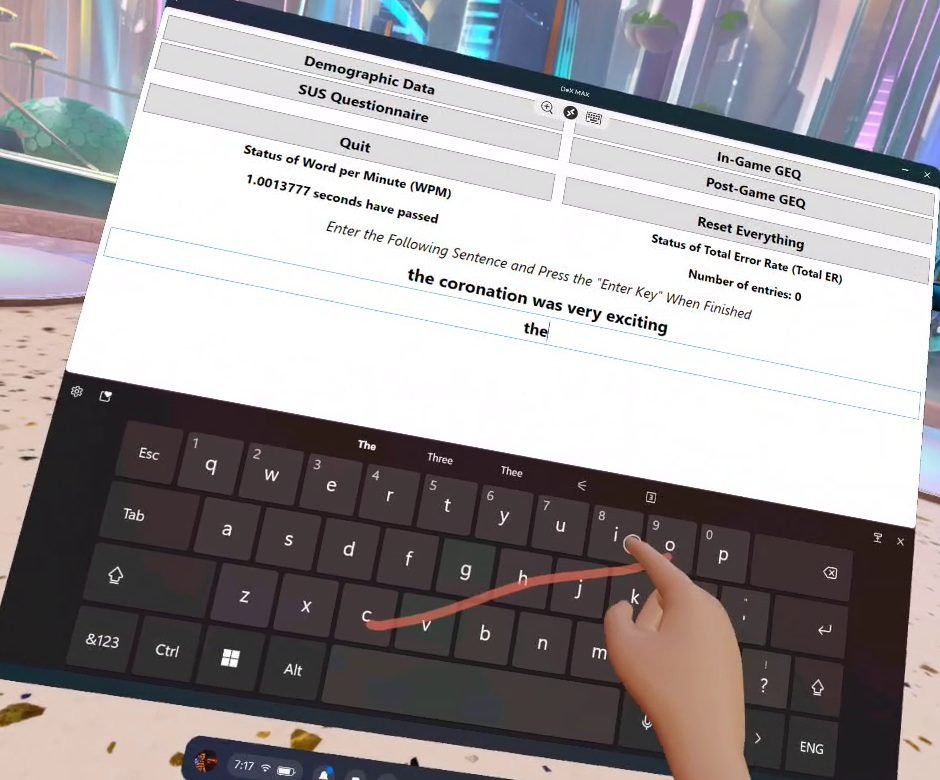 Text entry test application in virtual reality, showing a virtual keyboard and a tracked hand